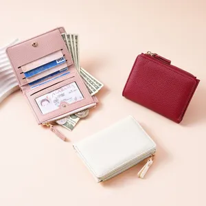 Women short wallet PU leather solid color multi-card coin purse zipper card holder handbag