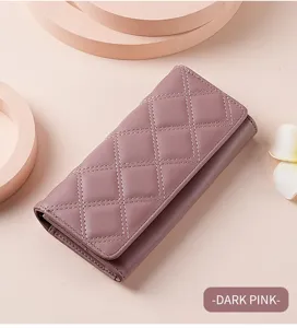 Women's classic quilted long wallet elegant PU leather tri-fold purse with snap closure.