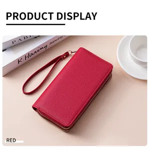Red Women Long Double Zipper Wallet Large Capacity PU Leather Wristlet Clutch Purse