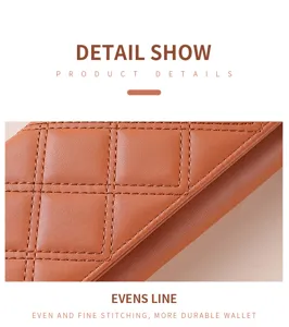 Close up view of the quilted leather wallet showcasing fine stitching and premium texture details.