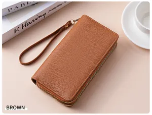 Women brown long wallet double zipper multi card slots PU leather wristlet purse detail