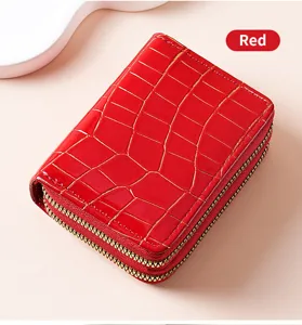 Portafoglio porta carte con motivo coccodrillo rosso con doppia cerniera e scomparti.
