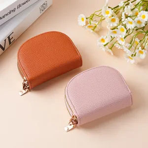 Compact double zipper card holder wallet solid color pu leather mini coin purse for women