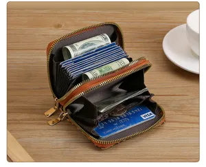 Detailed view of women's leopard print double zipper short wallet with multi-card slots and coin pocket.