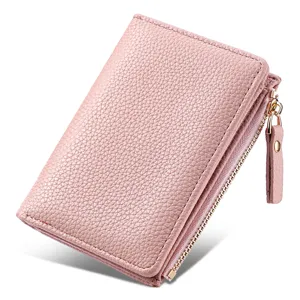 Women short wallet pink litchi grain leather card holder with zipper pocket daily use