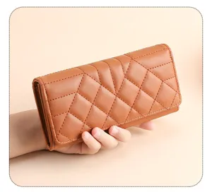 Brown PU leather long wallet featuring chic geometric quilted design and spacious inner compartments.