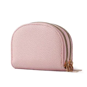 Pink double zipper card holder wallet, compact PU leather coin purse with accordion design.