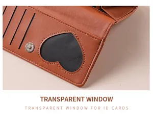 Brown PU leather trifold wallet detail showing card slots and heart ID window for women.