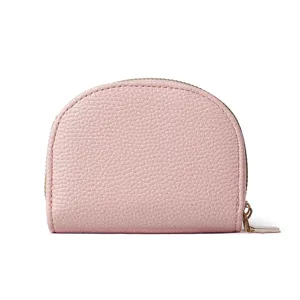 Pink semi-circular pebbled leather card holder with double zipper, compact wallet.