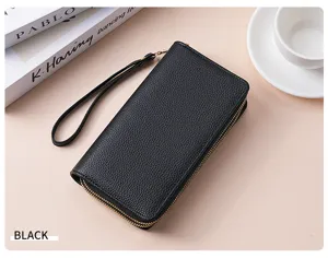 Women's black long wallet with double zipper, PU leather card holder and wristlet purse