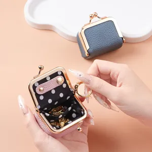 Mini kiss lock coin purse leather jewelry box vintage ring necklace storage case organizer.
