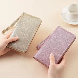 Glitter long wallet for women, stylish zipper card holder with wrist strap and multi compartments