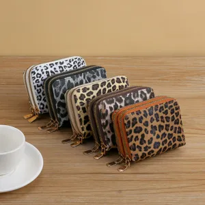 Women Coin Purse PU Leather Leopard Print Double Zipper Short Wallet Multi Functional Card Holder Retro Fashion Purse