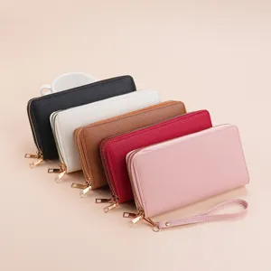 Women PU Leather Long Wallet Double Zipper Large Capacity Card Holder Phone Purse Solid Color Casual Handbag Wristlet