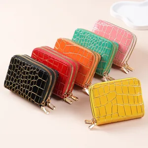 Portacarte in Pelle PU da Donna Retro Motivo Pietra Doppia Cerniera Portamonete Scomparti Multipli Mini Portafoglio