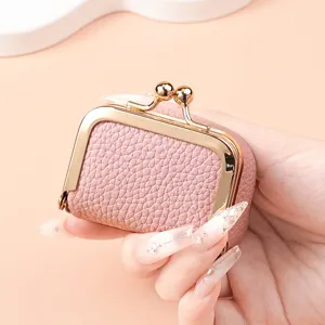 Mini pink leather kiss-lock coin purse cute portable small jewelry storage box ring case