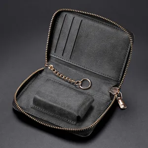 Men black leather car key case zipper coin purse card holder with key chain and fob slot