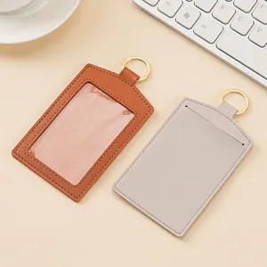 Portacarte in pelle PU con portachiavi, porta badge da lavoro aziendale marrone e grigio.