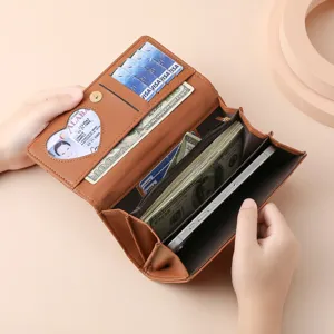 Classic long leather wallet for women, large capacity three-fold card holder handbag.