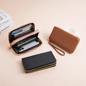 New women's double zipper long wallet large capacity multi card slot solid color phone purse