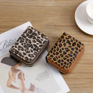 Leopard print double zipper short women wallet stylish coin purse and multi-functional card bag.