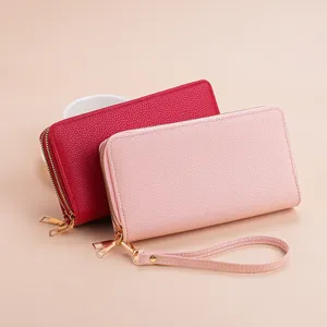 Women's double zipper long wallet with wrist strap, large capacity solid color phone purse.