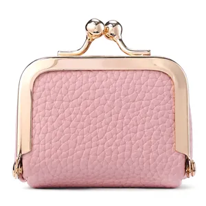 Mini pink leather kiss lock coin purse vintage small metal frame jewelry storage bag cute