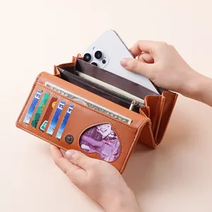 Women's long trifold PU leather wallet with phone pocket and card slots, brown clutch purse.
