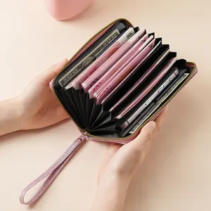 Pink glitter accordion long zipper wallet with multi-card slots for women daily use.