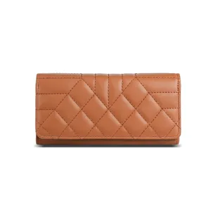 Classic women long wallet brown faux leather tri fold clutch purse with geometric quilted design.