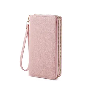 Pink women double zipper long wallet with wrist strap chic pebbled leather phone purse main view