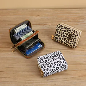 Women leopard print double zipper card holder compact coin purse short wallet multi-slot