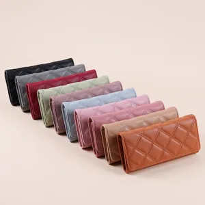 Classic quilted long wallet for women, multi-color trifold PU leather clutch purse.
