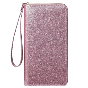 Women glitter long zipper wallet clutch purse with wrist strap for daily use fashion accessory