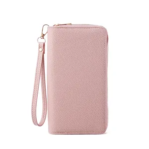 Women's Solid Color Long Wallet Double Zipper Wristlet Large Capacity Phone Purse