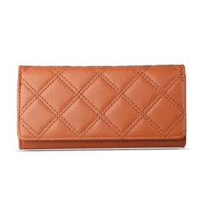 Women brown quilted trifold long leather wallet elegant clutch handbag chic card holder
