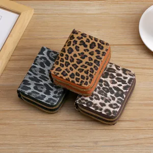 Women leopard print short double zipper coin purse multi-functional card holder wallet.