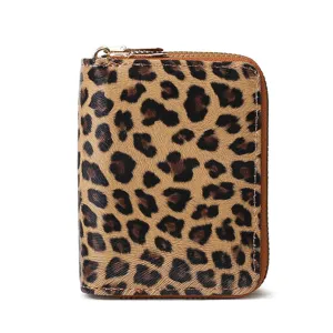 Leopard print short women wallet double zipper coin purse compact card holder fashion chic bag