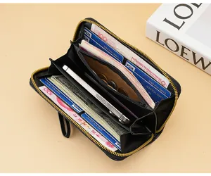 Black quilted zip wallet for women, large capacity long clutch purse with card slots.