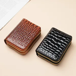 Crocodile pattern double zipper card holder, compact accordion wallet for women, brown and black.