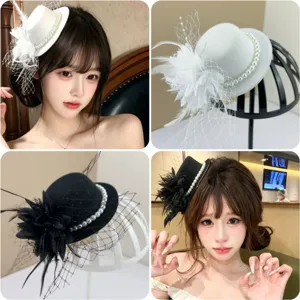 Vintage French Mesh Fascinator Mini Hat Hair Clip For Women Wedding Bridal Veil With Artificial Pearl Feather Elegant Party Headpiece