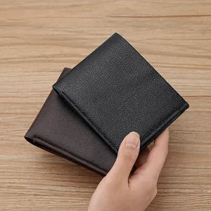 Men short PU leather wallet, stylish minimalist business folding wallet in black and brown.
