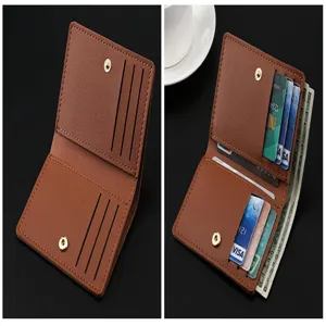 Brown folding snap leather wallet detail, compact card holder purse with multiple slots.