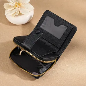 Women's short wallet solid color litchi pattern multi card slot zip coin purse main view