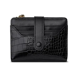 Black short folding wallet with crocodile pattern texture, compact card holder for women.