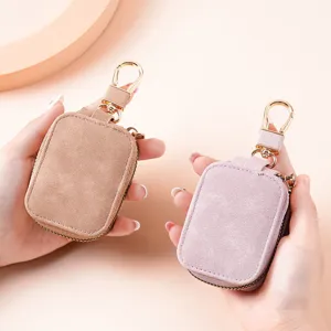 Solid Color PU Leather Earphone Protective Case Portable Zipper Storage Bag With Metal Hook For Wireless Earphones