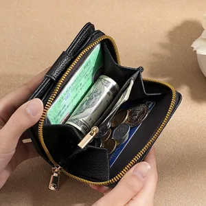 Women black short wallet pu leather zipper coin purse compact card cash organizer.