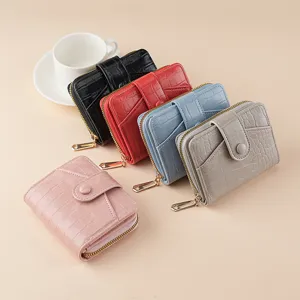 Women's crocodile pattern wallet short zipper multi-card slot coin purse solid color chic