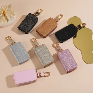 Astuccio per chiavi auto in pelle glitterata con cerniera e gancio portachiavi elegante