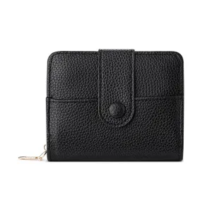 Women's short wallet with large capacity, solid color lychee pattern card holder purse